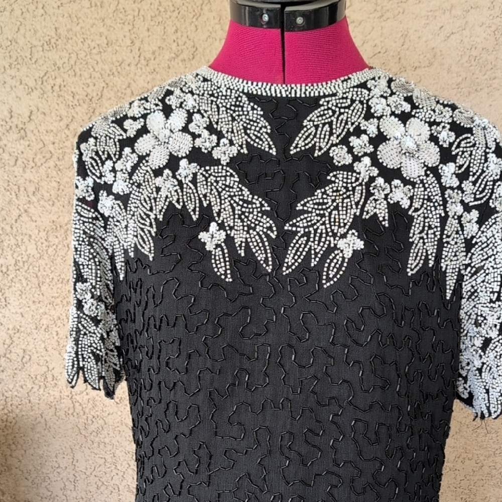 Vintage Dramatic Elegant Black and White BEADED SILK Midi DRESS  sz S